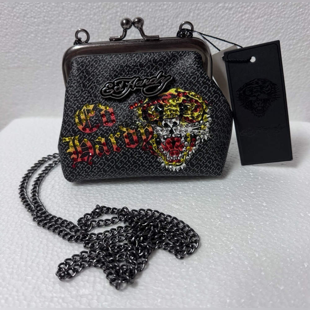 Ed Hardy Black Mini Kiss-Lock Crossbody with Rhinestone tiger
